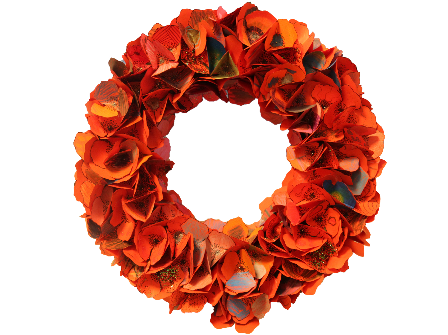 KS poppy wreath, made with poppies decorated by every child in the school.